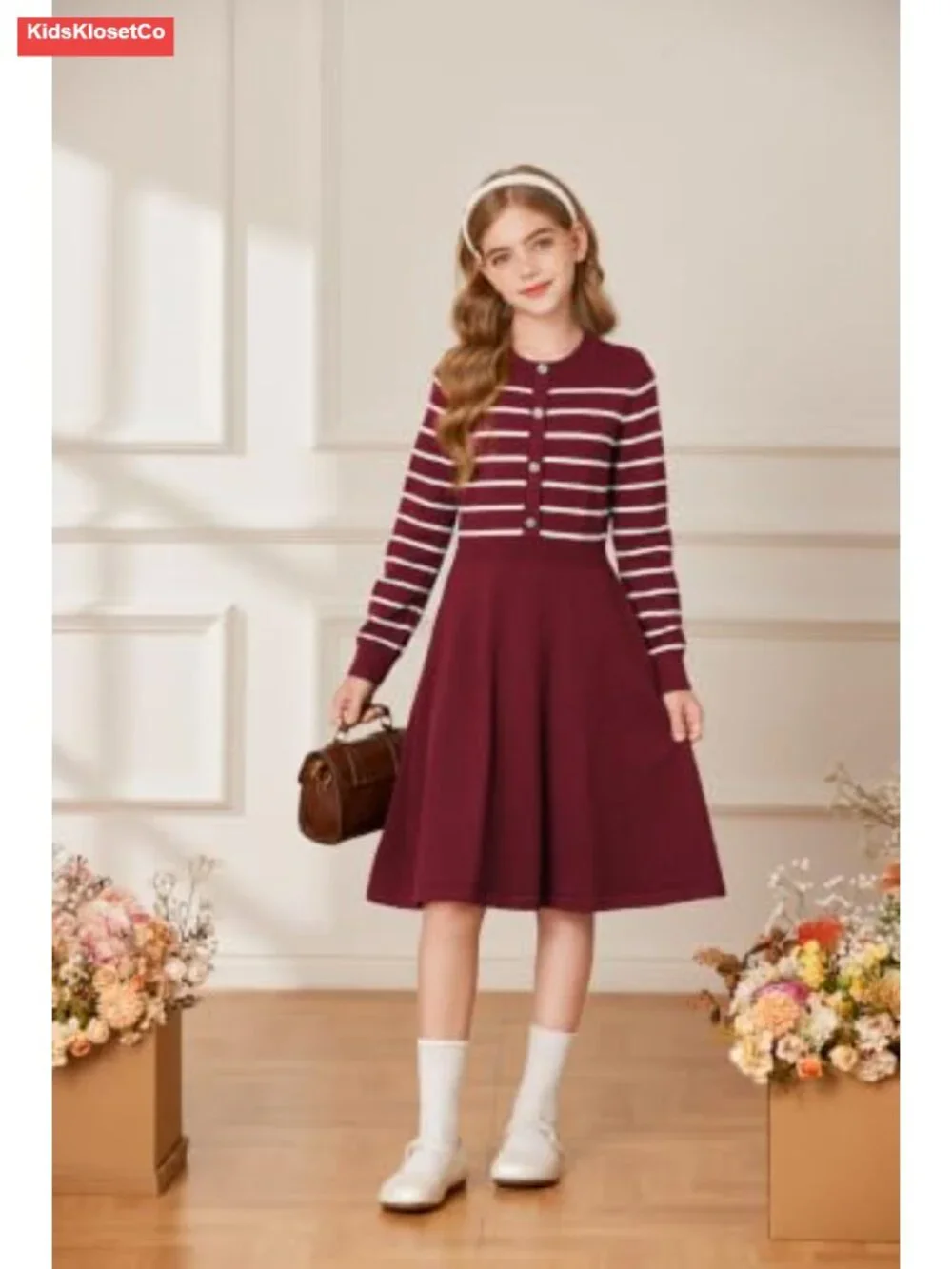 Girls Sweater Dress Long Sleeve Crew Neck Floral Stripe Knit A-Line School Party